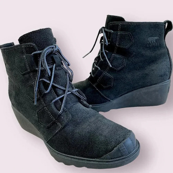 Sorel Suede Leather Waterproof Wedge Heel Ankle Bootie Lace Up Size 9 Black - Picture 1 of 16